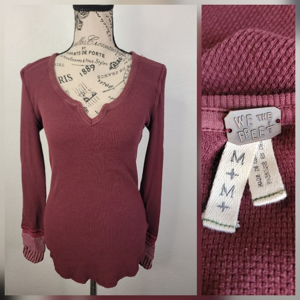 Free People Thermal Top Sz Medium Contrast Cuff Ski Lodge Stretch Maroon